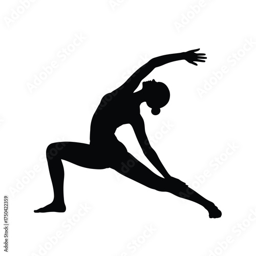 Black silhouette of woman performing extended side angle yoga pose vector