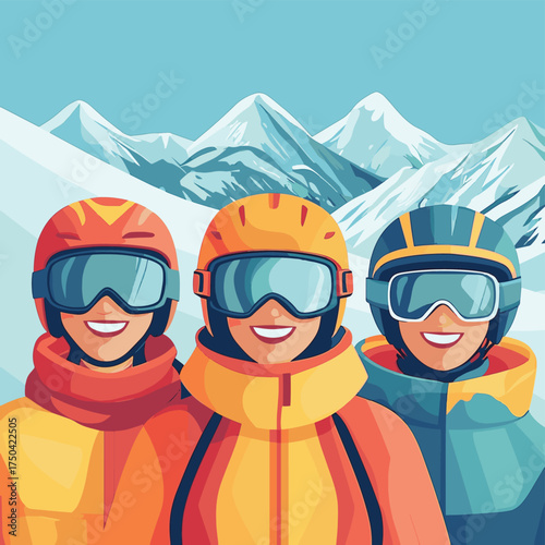Group skiers have fun, enjoy winter snow resort