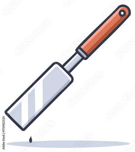 A flat spatula with a wooden handle tipped with a drop of liquid isolated on white