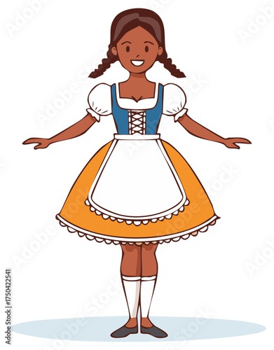 Happy dark skinned woman with braids in a traditional Bavarian dirndl dress