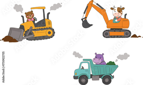 Cute animal construction vehicles illustration, adorable bear cow hippo driving excavator bulldozer dump truck for kids