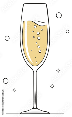 Elegant champagne flute with golden sparkling wine and festive bubbles