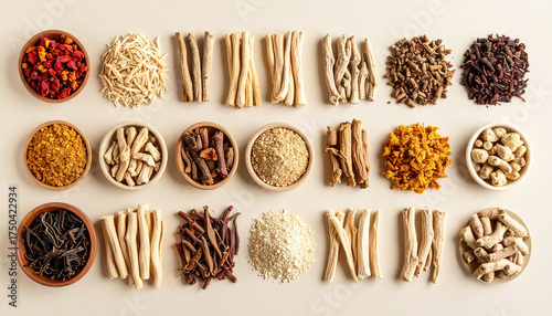 A neatly arranged flat lay of dried adaptogenic roots and herbs such as ashwagandha and rhodiola, displayed in small wooden bowls on a neutral background, symbolizing natural wellness and balance