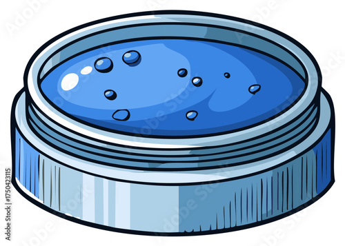 Open jar with blue liquid and small bubbles inside