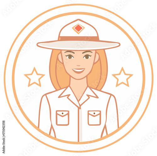 Smiling Female Park Ranger Character in Uniform Icon with Star Elements