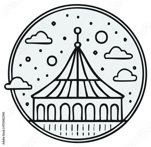 Simple Line Art Illustration of a Circus Tent Under a Night Sky
