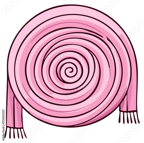 Cartoon illustration of a cozy pink scarf with fringe rolled into a spiral