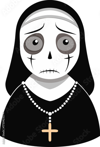 A pale nun spirit with hollow eyes, mouth stitched shut, holding a cracked rosary. white background