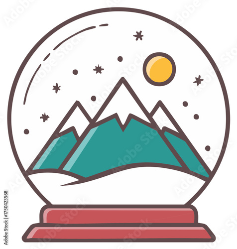 Simple cartoon illustration of a winter mountain landscape inside a glass snow globe