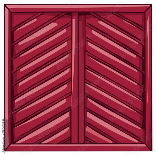 Rich red wooden shutters with diagonal slat detailing and a deep frame