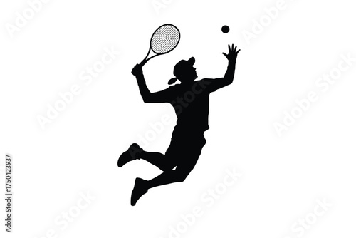 Black silhouette tennis player mid jump hitting ball white