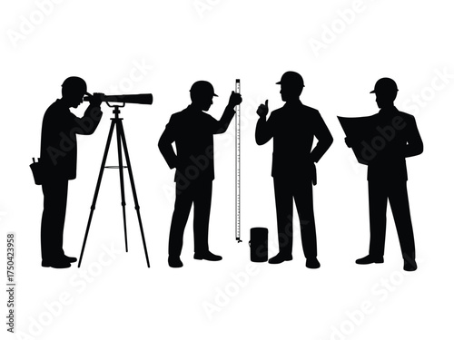 Black silhouette surveyors working with equipment and plans engineers construction