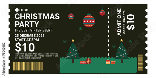  Christmas Party Event Ticket Design, Winter Holiday Admission Pass or Festive Invitation for December Celebration with Ornaments and Gifts
