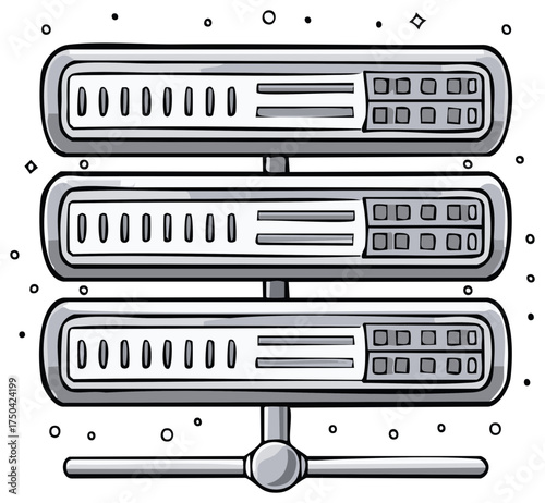Hand drawn cartoon illustration of a computer server rack for a data center and network hosting