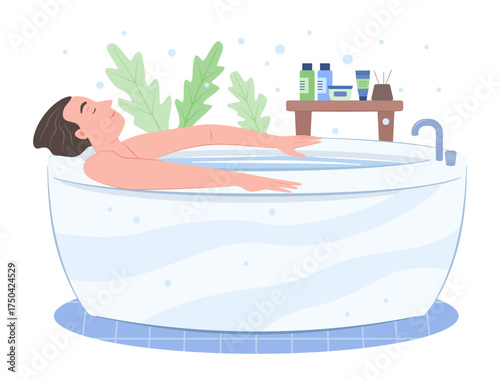 Relaxing Man Soaking in Bathtub for Clean Body and Healthcare Concept Illustration