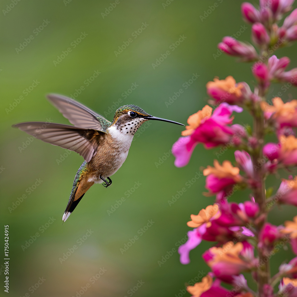 Fototapeta premium Hummingbird Hovering Near Pink and Orange Flowers, Vibrant Nature Wildlife Shot