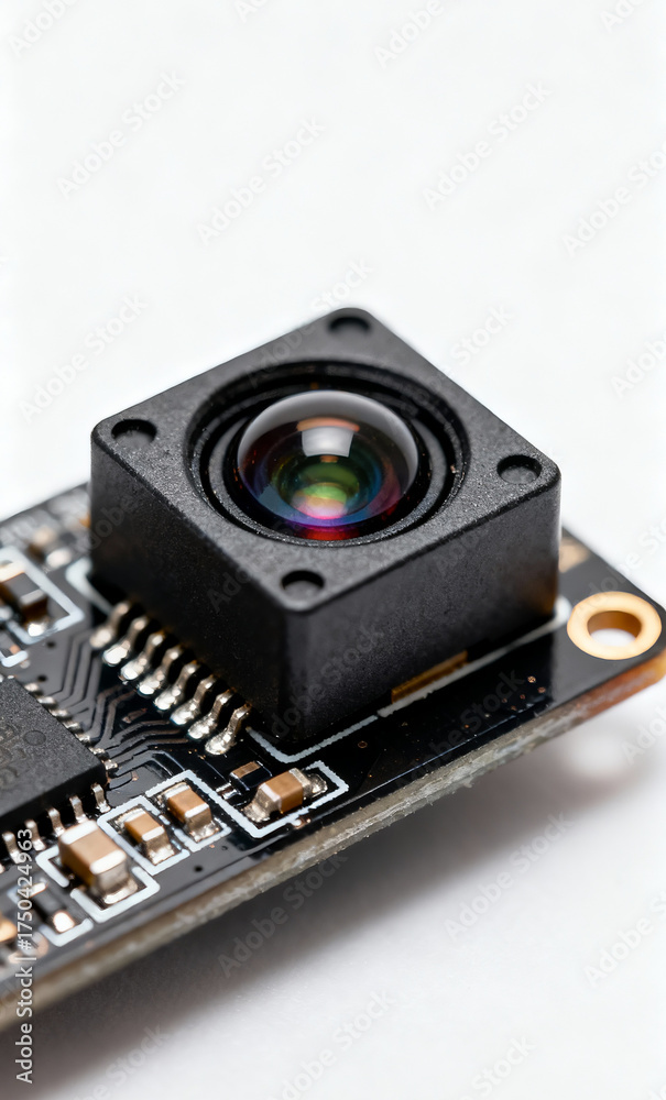 Fototapeta premium Close-up Macro Shot of a Tiny Digital Camera Module Circuit Board with Lens