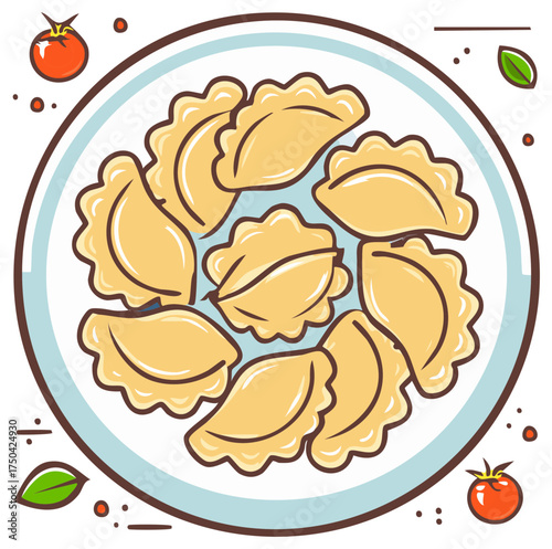 Traditional homemade pierogi or varenyky served on a plate with fresh tomato and green leaf accents