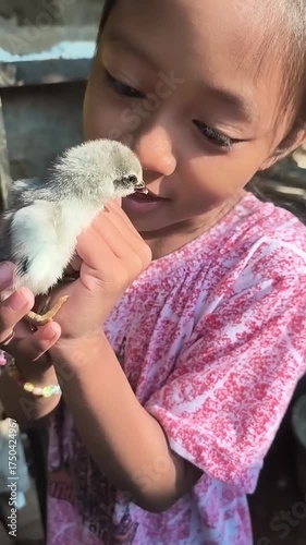 A little girl is holding a newly hatched chick