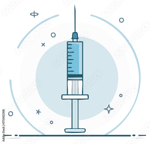 Medical Injection Syringe with Needle Filled With Blue Liquid, Healthcare Treatment Illustration