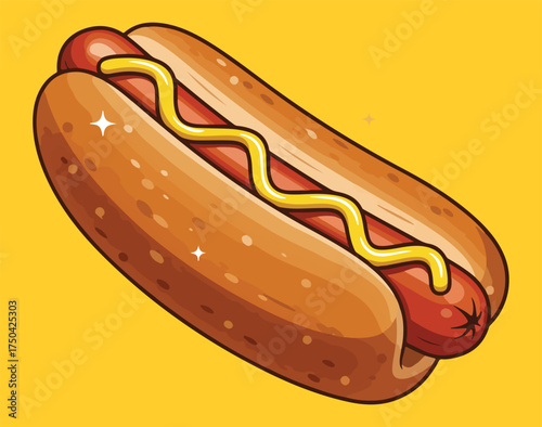  Classic American Hot Dog with Yellow Mustard in a Bun, Tasty Fast Food Snack Illustration, Sausage Sandwich or Frank