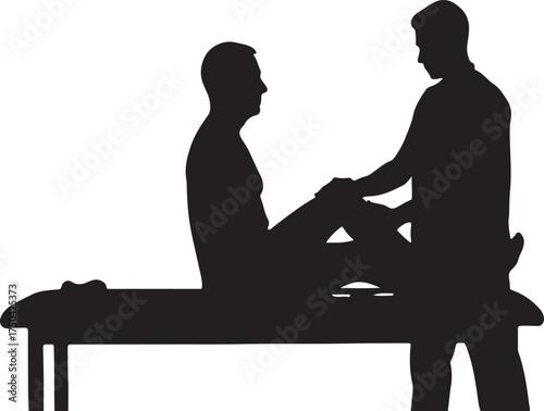 Black vector silhouette of physiotherapist examining patient's knee in rehabilitation session
