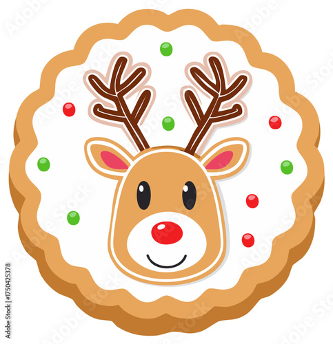 Cute Reindeer Christmas Cookie with Red Nose and Green Sprinkles