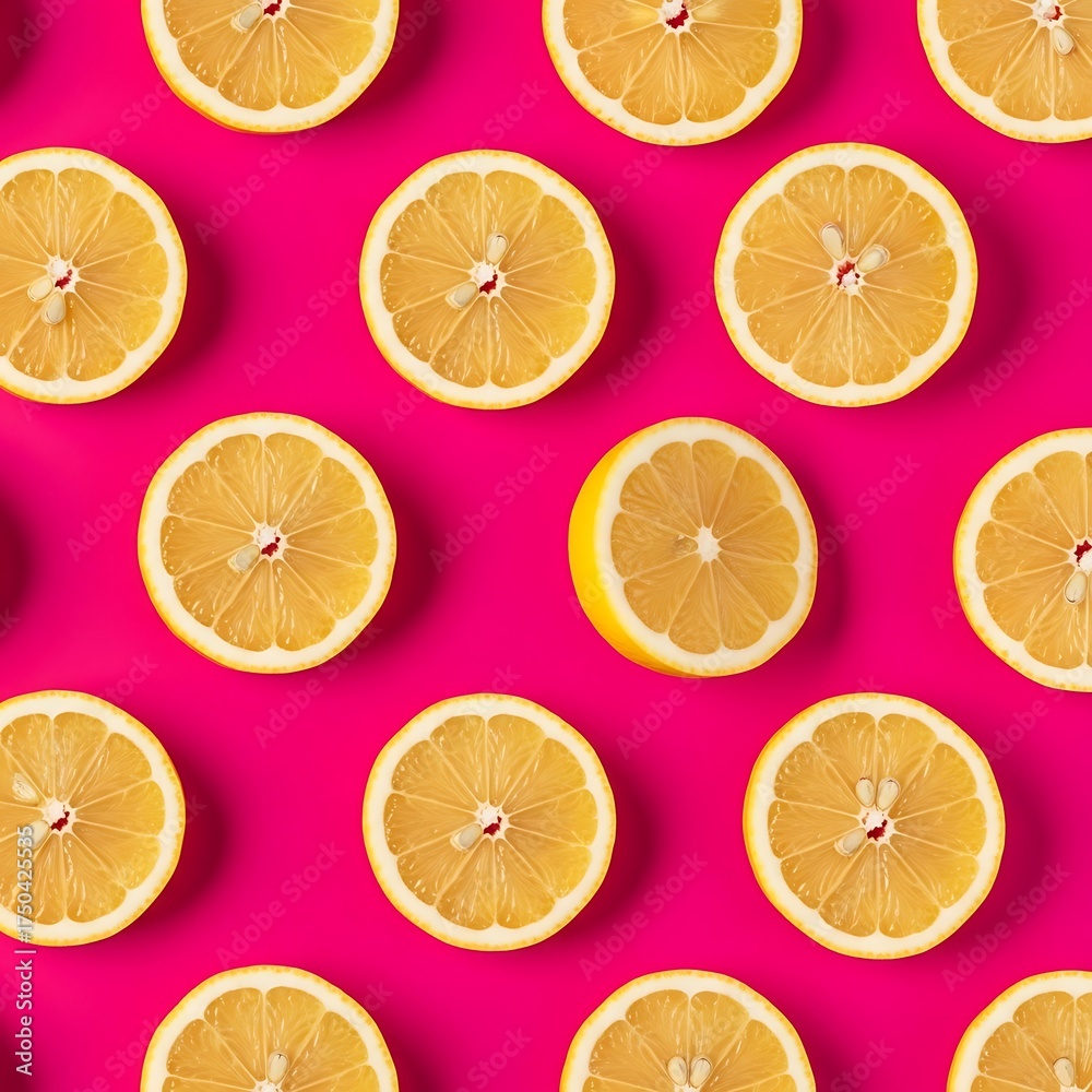 Obraz premium Vibrant Lemon Slices on Pink - A Refreshing Citrus Pattern.