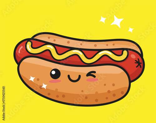 Adorable Winking Hot Dog Kawaii Character with Mustard Illustration on Pink Background, Cute Fast Food Vector Art.
