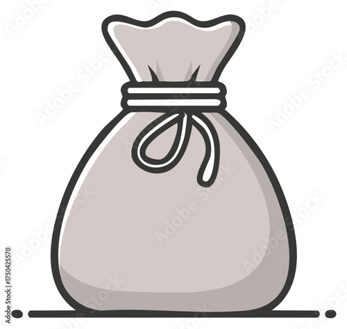 Cartoon illustration of money bag with rope closure and filled with currency