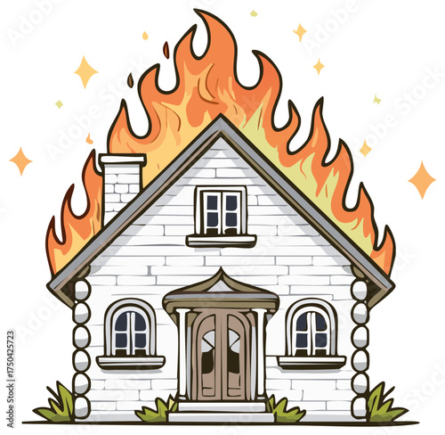 Brightly burning residential house cartoon style illustration accident emergency