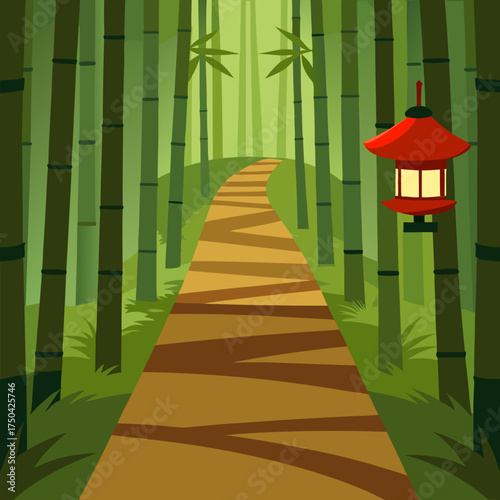 Serene bamboo forest path with Japanese lantern vector landscape background.