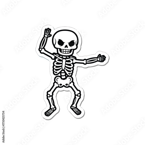 A black and white cartoon skeleton with an angry expression is dancing, presented as a die-cut sticker.