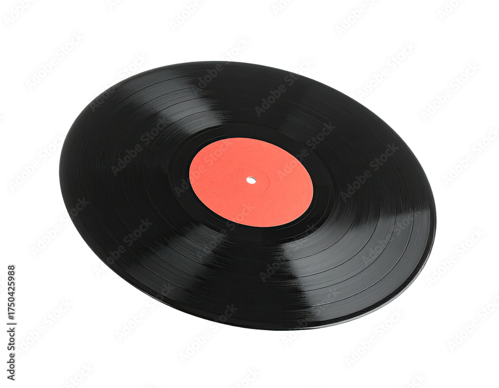 Fototapeta premium A close-up of a black vinyl record with a vibrant orange center label
