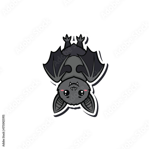 A cute and adorable cartoon bat character hanging upside down on a white background.