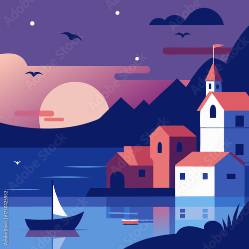 Serene coastal village at dusk with boats and birds vector landscape background.