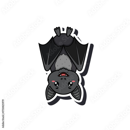 A cute cartoon bat hanging upside down with big eyes and fangs, sticker style illustration on a white background.