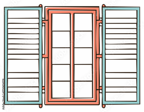 Doodle Illustration of colorful window with shutters, vintage vector drawing