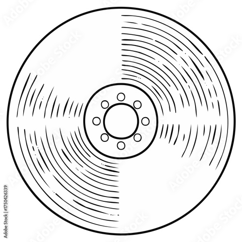 Stylized Black and White Graphic of a Vinyl Record with Center Hole and Grooves