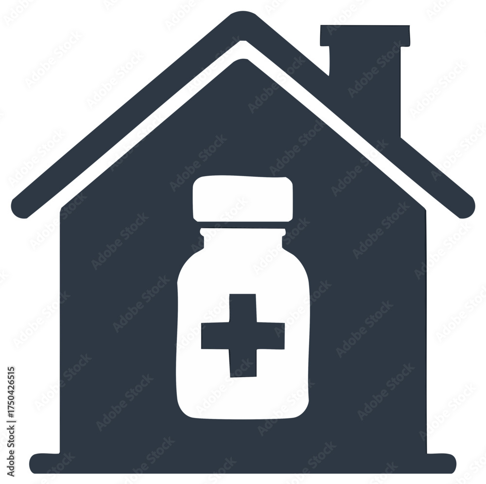 Obraz premium Home Medication Healthcare Concept Graphic: Pills, House, and Medical Cross