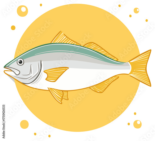 Stylized illustration of a glistening fish swimming against a bright yellow circle with bubbles