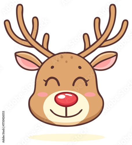 Smiling reindeer face cartoon illustration, red nose, antlers. Christmas concept, cute animal.
