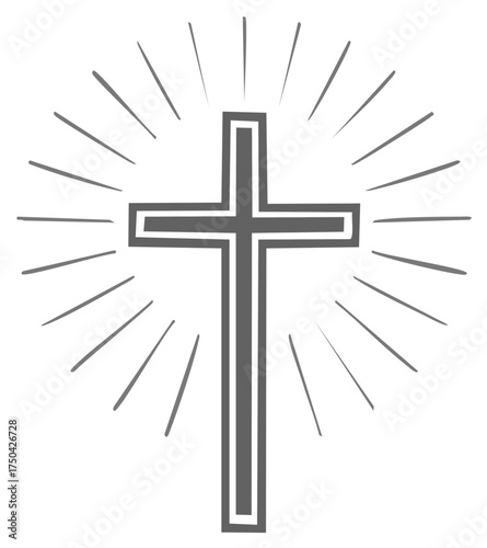A hand drawn Christian cross with light rays. A simple religious symbol of faith hope and salvation