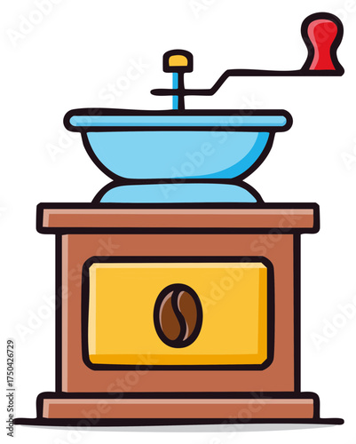 Vintage coffee grinder icon. Illustrated hand-cranked mill with coffee bean symbol.