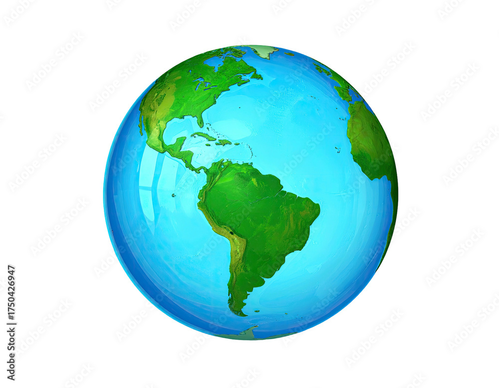 Fototapeta premium A glossy 3D Earth globe, showing continents, oceans, with a black background