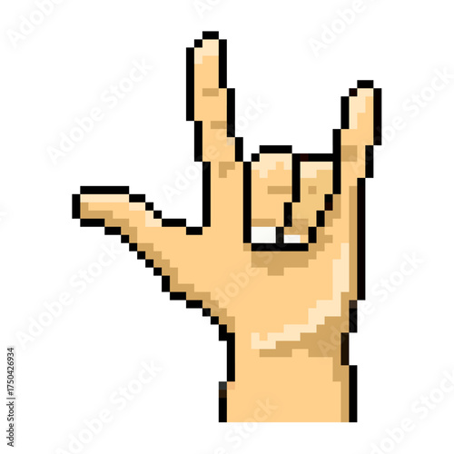 Pixel metal hand sign vector. Ideal for music, rock and roll, and heavy metal themes. This digital graphic is perfect for game, retro game, or 8 bit design projects and assets.