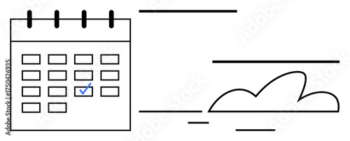 Calendar grid with a marked date and abstract cloud lines suggesting time, flexibility, and scheduling. Ideal for deadlines, planning, time management, appointments, organization, goals