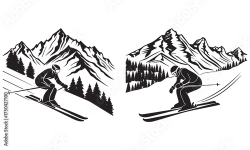 Bold black-and-white illustration of a skier racing down a mountain slope surrounded by pine trees — a dynamic winter sports design perfect for adventure brands, ski clubs, and outdoor artwork.