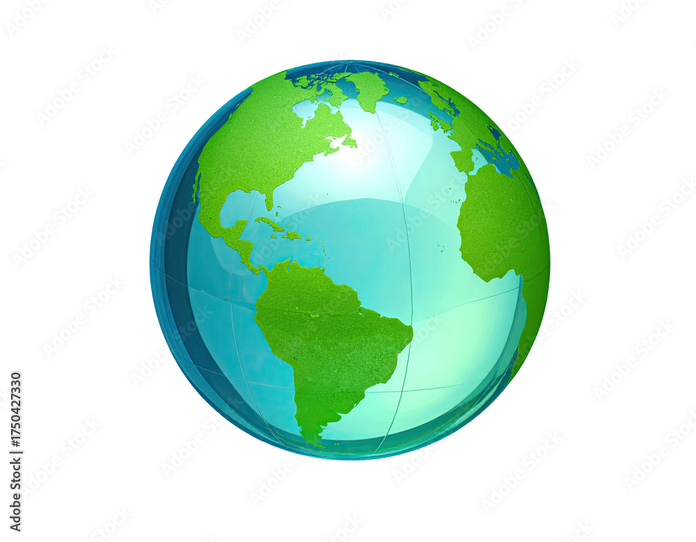 Naklejka premium A glossy, 3D Earth globe rendered with translucent blue oceans and vibrant green continents
