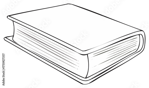 Book illustration, simple line art drawing of closed book with pages visible on the side